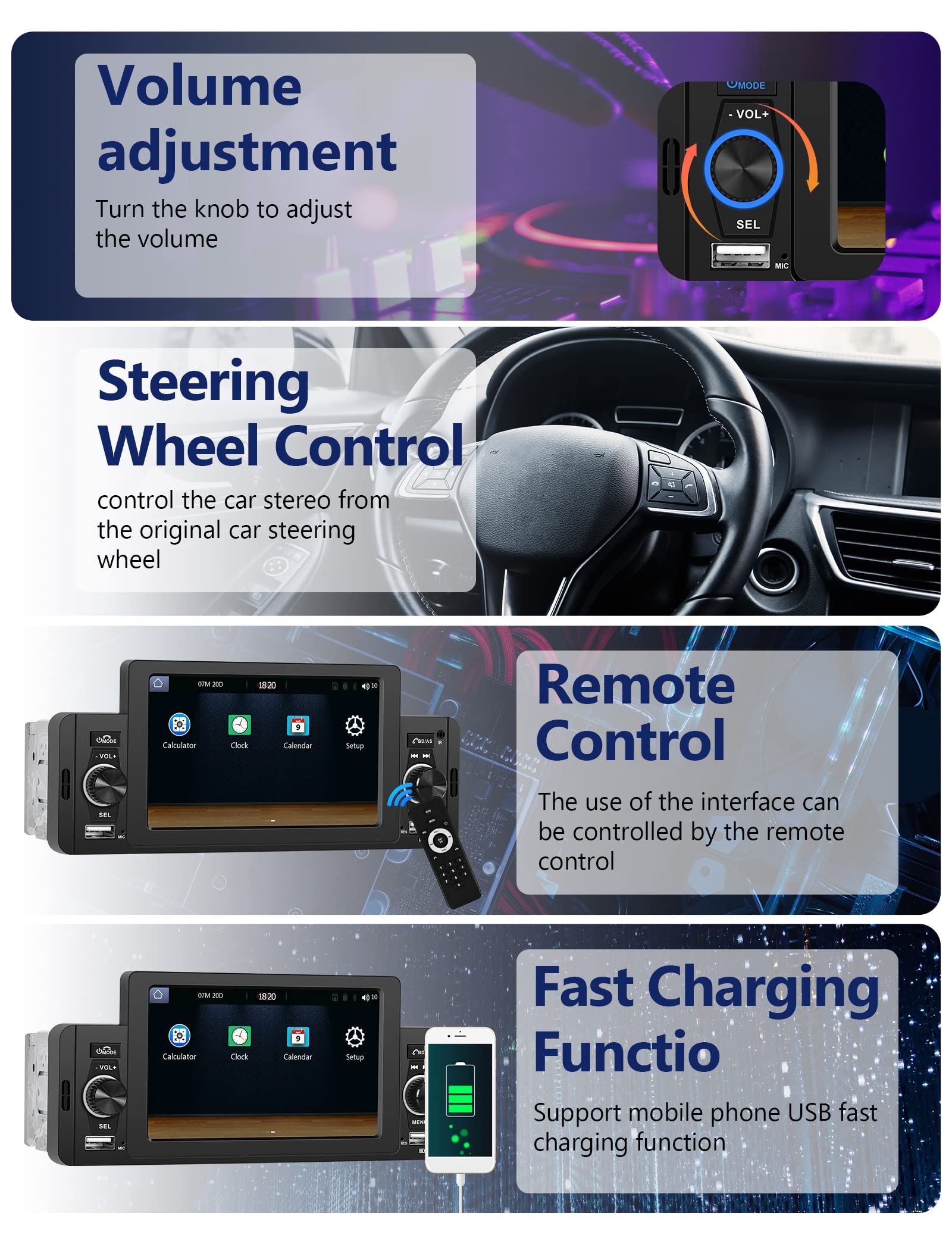 Carplay Single Din Radio 5 Inch Touch Screen Car Stereo With Car Play Android Auto, Bluetooth 5.1, Hd Backup Camera, Mirror Link